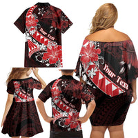 Personalised Hawaii Valentine Day Family Matching Off Shoulder Short Dress and Hawaiian Shirt Polynesian Hibiscus Art Style Red LT05 - Polynesian Pride