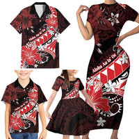 Personalised Hawaii Valentine Day Family Matching Short Sleeve Bodycon Dress and Hawaiian Shirt Polynesian Hibiscus Art Style Red LT05 - Polynesian Pride