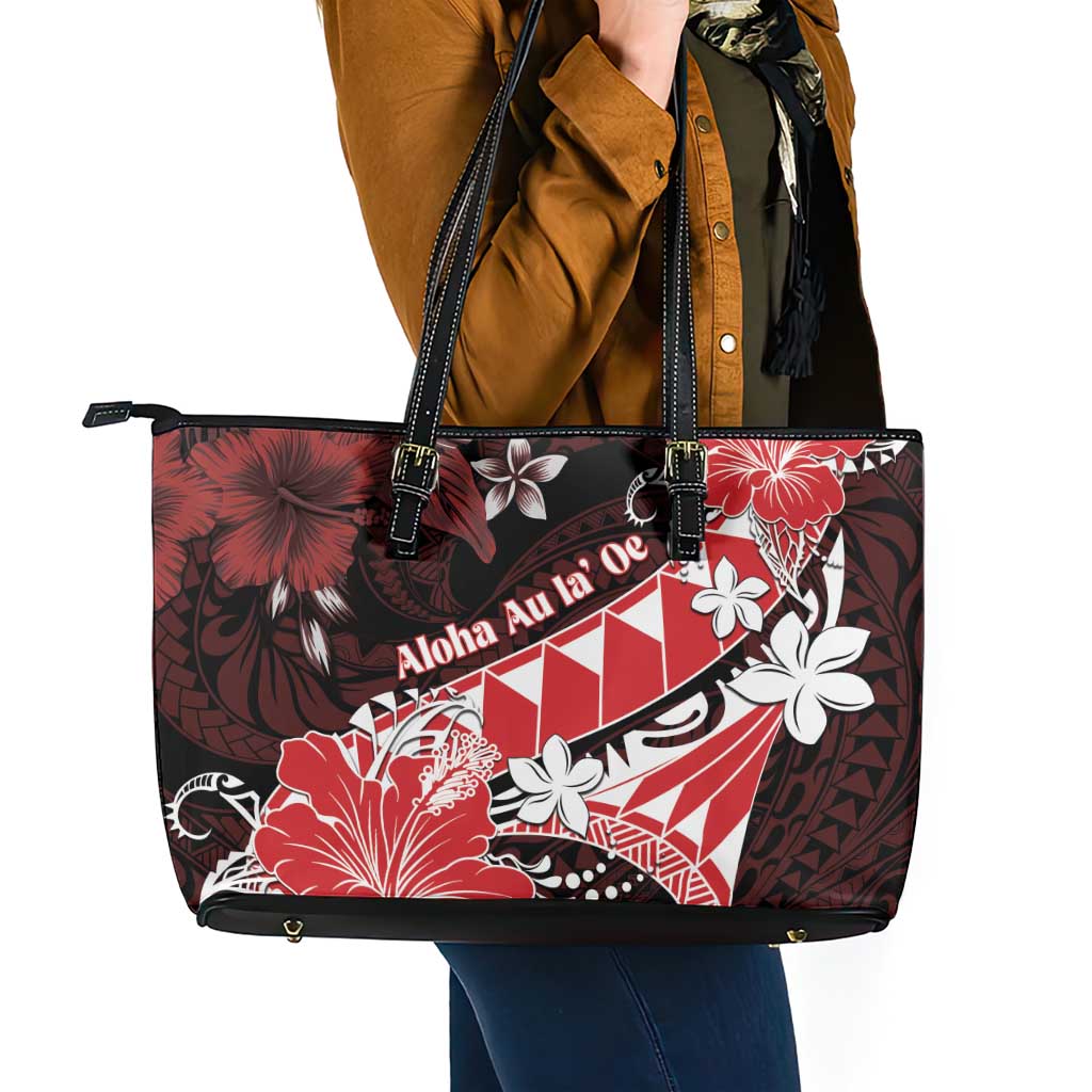 Hawaii Valentine Day Leather Tote Bag Polynesian Hibiscus Art Style Red