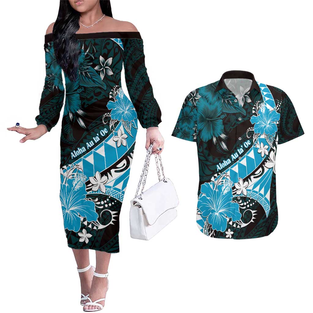 Personalised Hawaii Valentine Day Couples Matching Off The Shoulder Long Sleeve Dress and Hawaiian Shirt Polynesian Hibiscus Art Style Turquoise LT05 Turquoise - Polynesian Pride