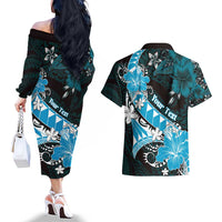 Personalised Hawaii Valentine Day Couples Matching Off The Shoulder Long Sleeve Dress and Hawaiian Shirt Polynesian Hibiscus Art Style Turquoise LT05 - Polynesian Pride