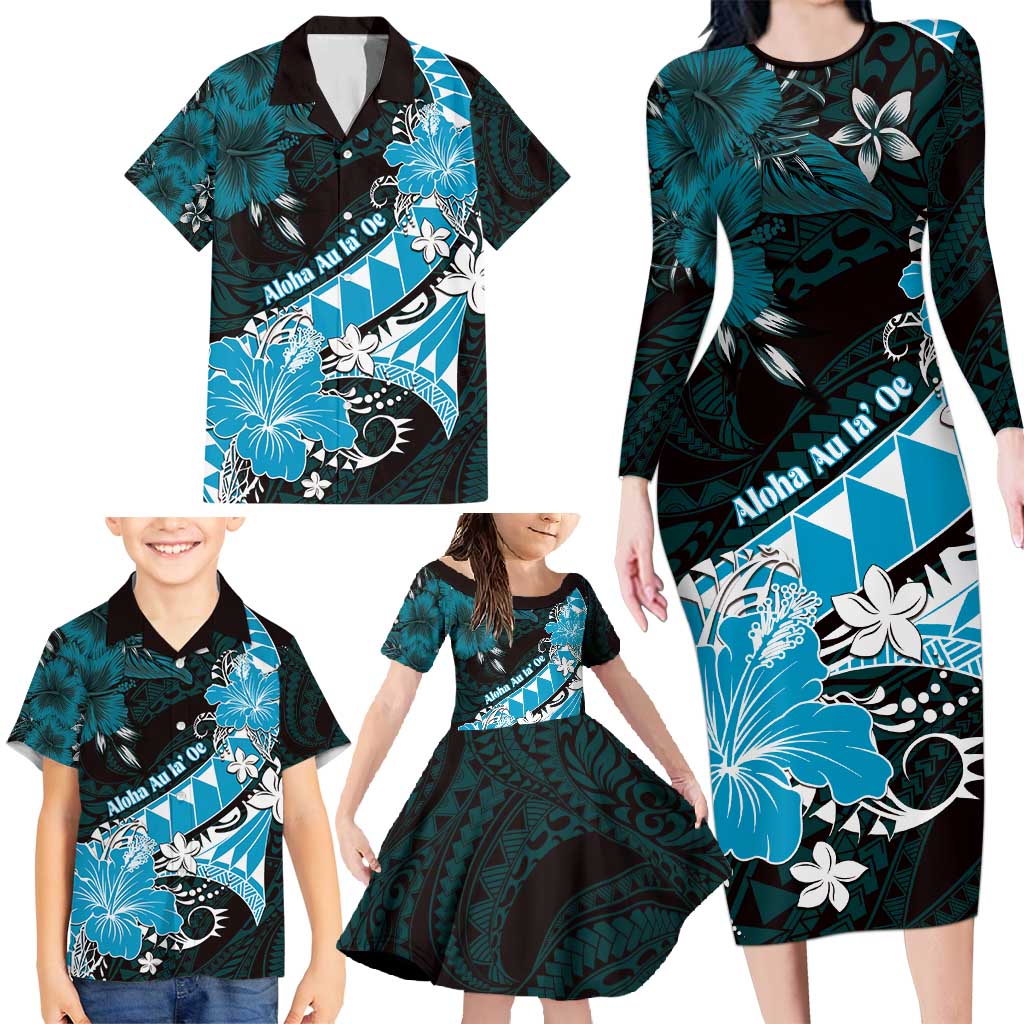 Personalised Hawaii Valentine Day Family Matching Long Sleeve Bodycon Dress and Hawaiian Shirt Polynesian Hibiscus Art Style Turquoise LT05 - Polynesian Pride