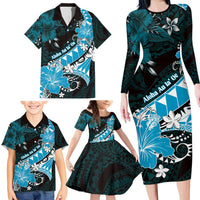 Personalised Hawaii Valentine Day Family Matching Long Sleeve Bodycon Dress and Hawaiian Shirt Polynesian Hibiscus Art Style Turquoise LT05 - Polynesian Pride