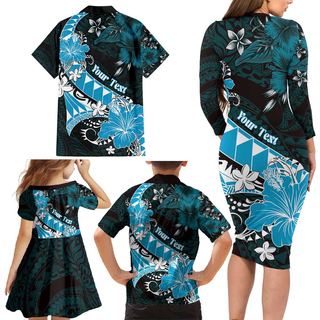 Personalised Hawaii Valentine Day Family Matching Long Sleeve Bodycon Dress and Hawaiian Shirt Polynesian Hibiscus Art Style Turquoise LT05 - Polynesian Pride