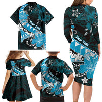 Personalised Hawaii Valentine Day Family Matching Long Sleeve Bodycon Dress and Hawaiian Shirt Polynesian Hibiscus Art Style Turquoise LT05 - Polynesian Pride
