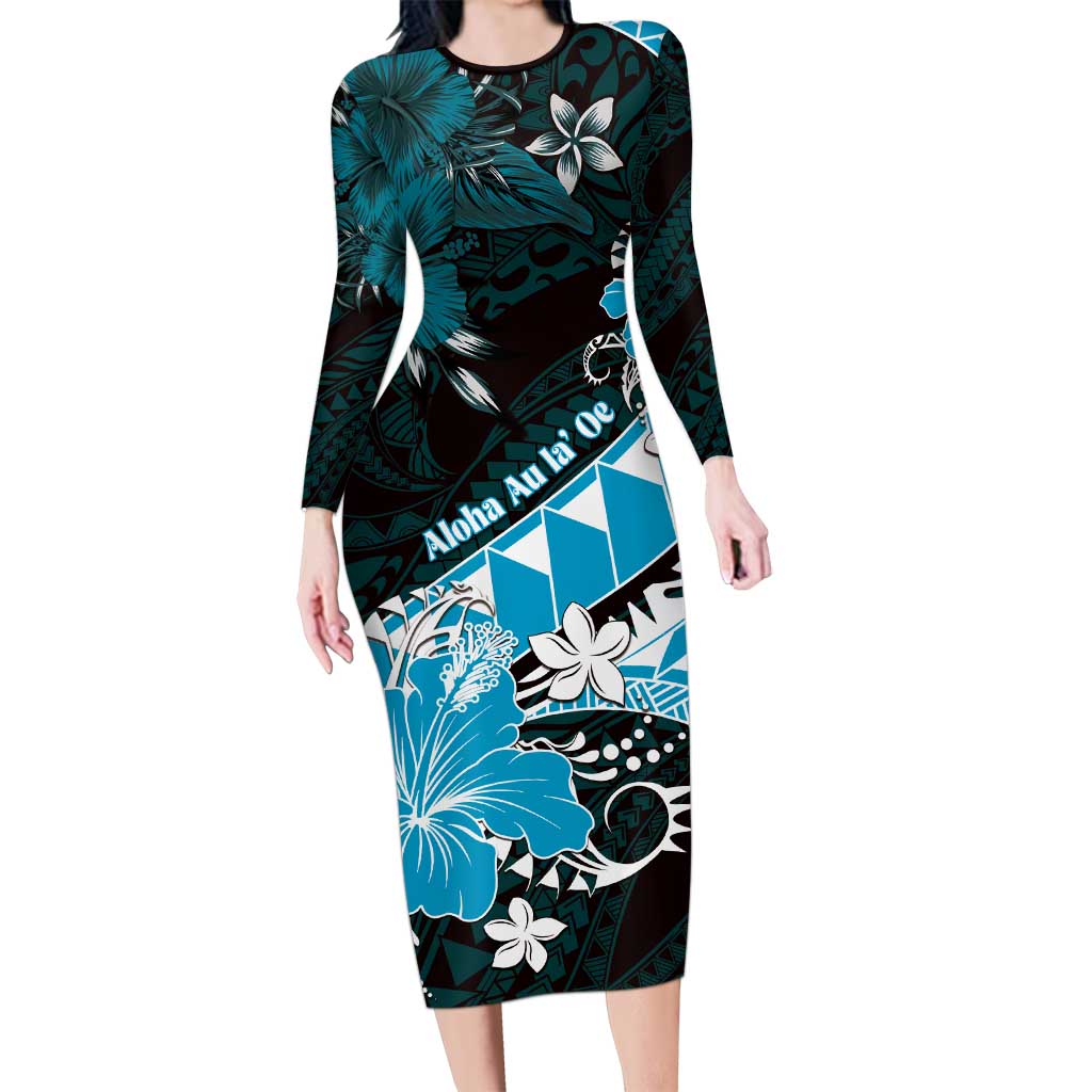 Personalised Hawaii Valentine Day Family Matching Long Sleeve Bodycon Dress and Hawaiian Shirt Polynesian Hibiscus Art Style Turquoise LT05 Mom's Dress Turquoise - Polynesian Pride
