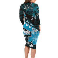 Personalised Hawaii Valentine Day Family Matching Long Sleeve Bodycon Dress and Hawaiian Shirt Polynesian Hibiscus Art Style Turquoise LT05 - Polynesian Pride