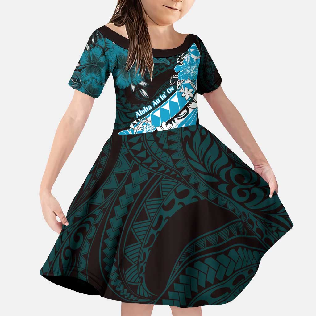 Personalised Hawaii Valentine Day Family Matching Mermaid Dress and Hawaiian Shirt Polynesian Hibiscus Art Style Turquoise LT05 Daughter's Dress Turquoise - Polynesian Pride