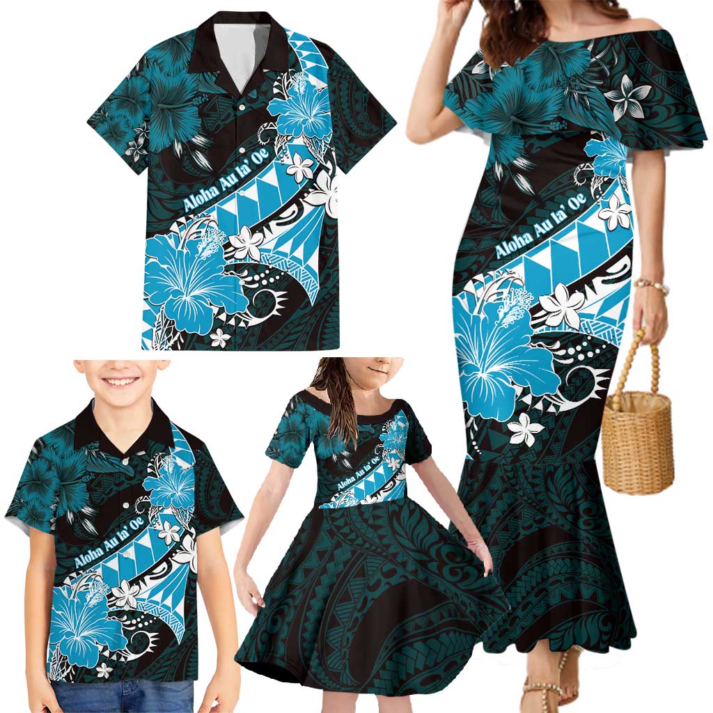 Personalised Hawaii Valentine Day Family Matching Mermaid Dress and Hawaiian Shirt Polynesian Hibiscus Art Style Turquoise LT05 - Polynesian Pride