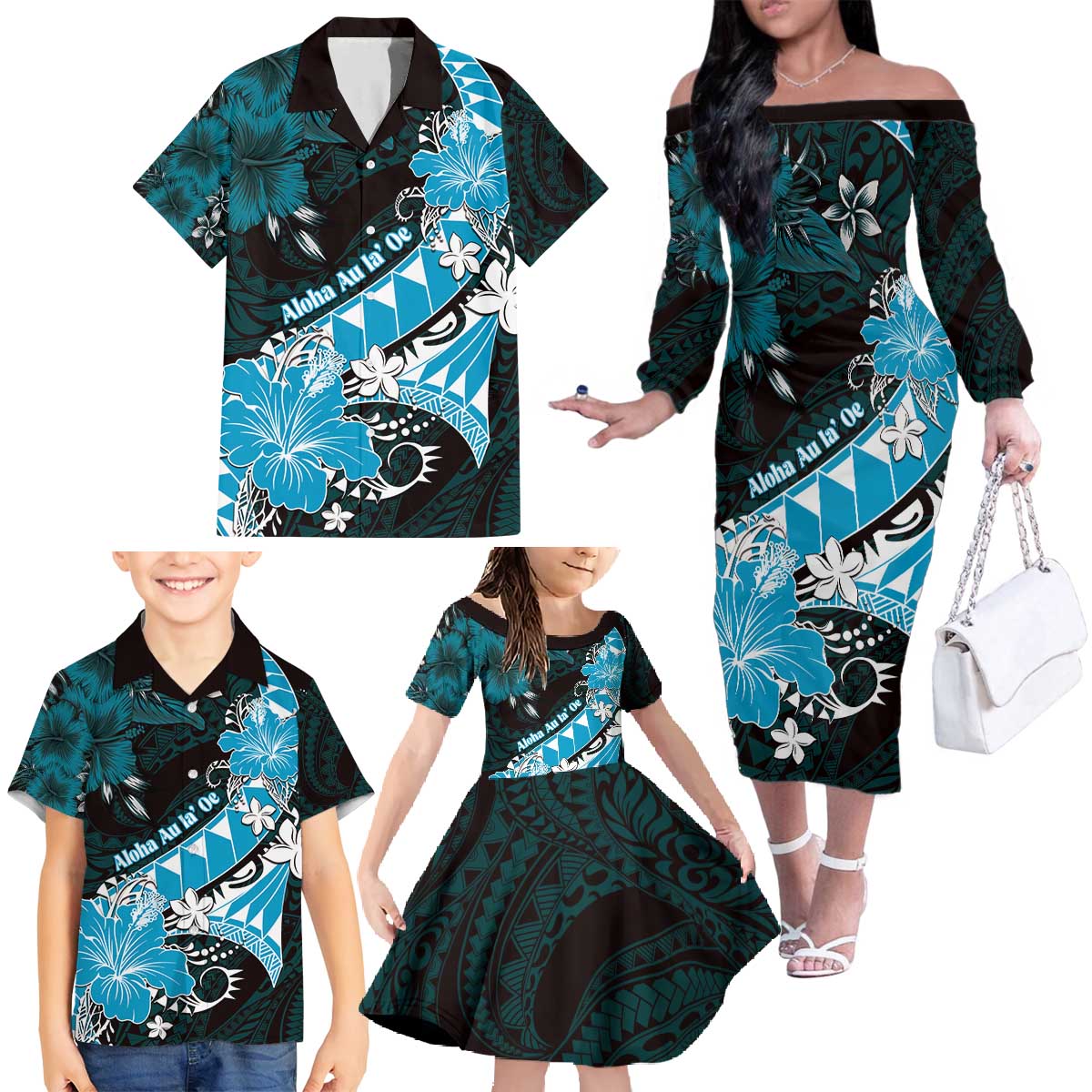 Personalised Hawaii Valentine Day Family Matching Off The Shoulder Long Sleeve Dress and Hawaiian Shirt Polynesian Hibiscus Art Style Turquoise LT05 Turquoise - Polynesian Pride