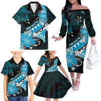Personalised Hawaii Valentine Day Family Matching Off The Shoulder Long Sleeve Dress and Hawaiian Shirt Polynesian Hibiscus Art Style Turquoise LT05 Turquoise - Polynesian Pride