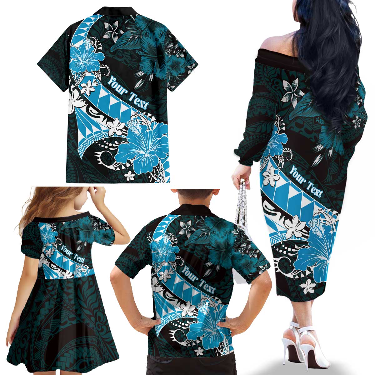 Personalised Hawaii Valentine Day Family Matching Off The Shoulder Long Sleeve Dress and Hawaiian Shirt Polynesian Hibiscus Art Style Turquoise LT05 - Polynesian Pride