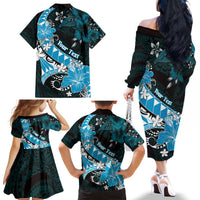 Personalised Hawaii Valentine Day Family Matching Off The Shoulder Long Sleeve Dress and Hawaiian Shirt Polynesian Hibiscus Art Style Turquoise LT05 - Polynesian Pride
