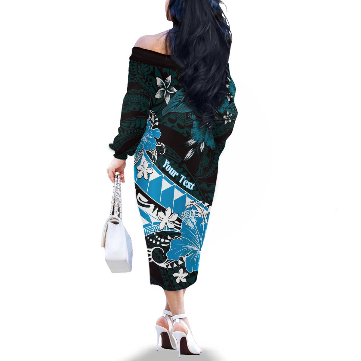 Personalised Hawaii Valentine Day Family Matching Off The Shoulder Long Sleeve Dress and Hawaiian Shirt Polynesian Hibiscus Art Style Turquoise LT05 - Polynesian Pride