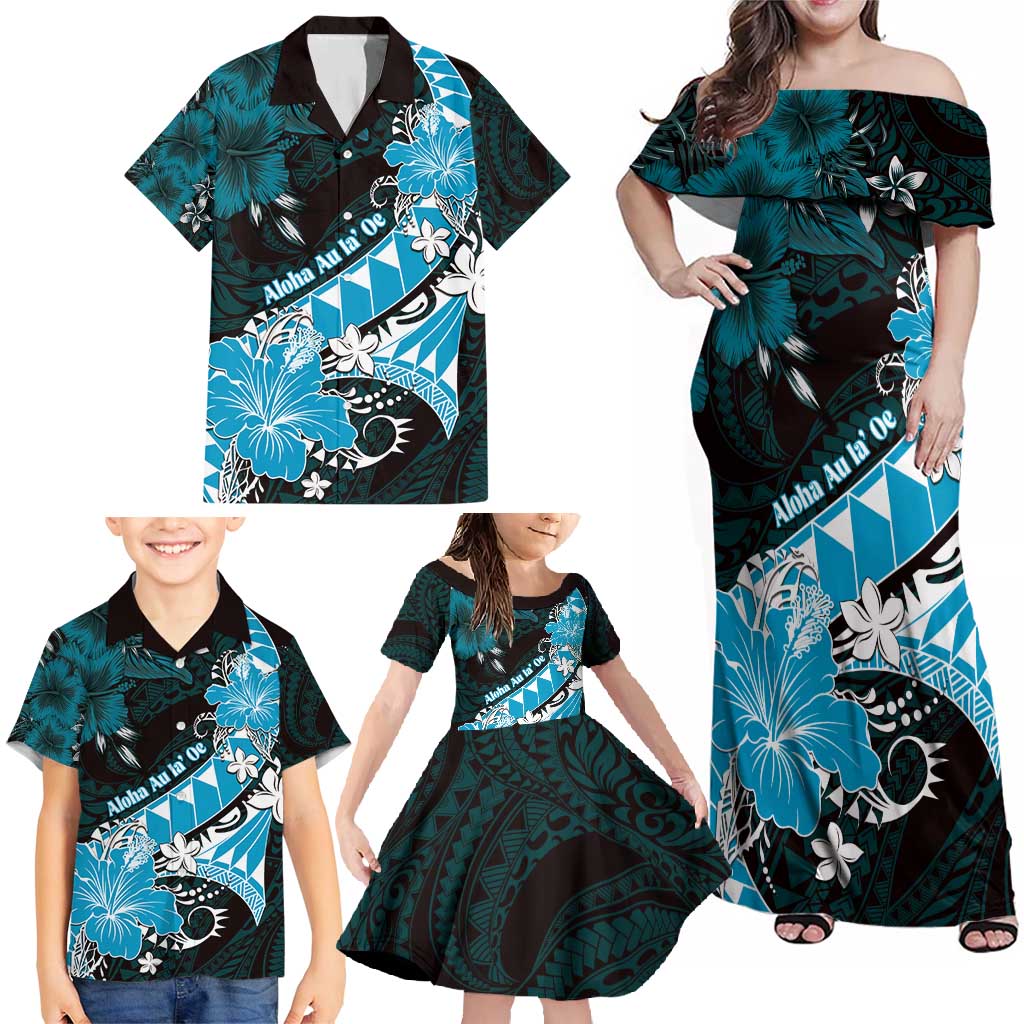 Personalised Hawaii Valentine Day Family Matching Off Shoulder Maxi Dress and Hawaiian Shirt Polynesian Hibiscus Art Style Turquoise LT05 - Polynesian Pride
