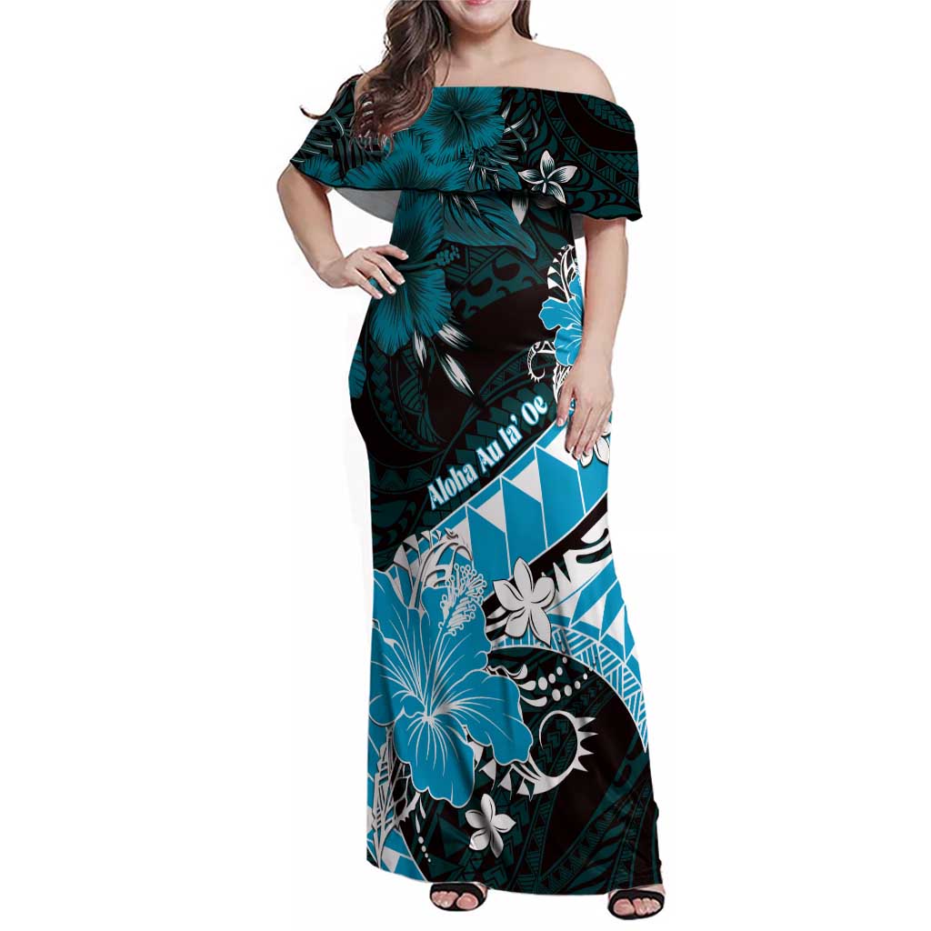 Personalised Hawaii Valentine Day Family Matching Off Shoulder Maxi Dress and Hawaiian Shirt Polynesian Hibiscus Art Style Turquoise LT05 Mom's Dress Turquoise - Polynesian Pride