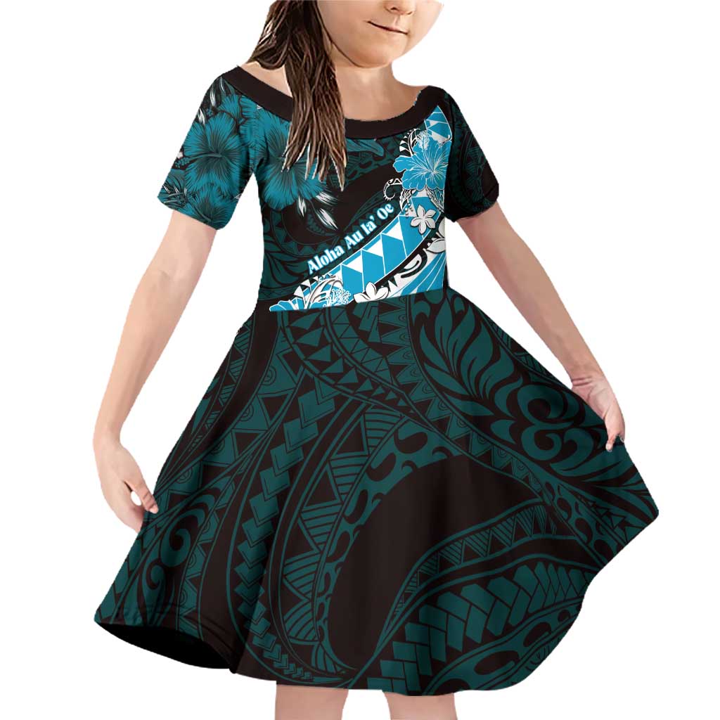 Personalised Hawaii Valentine Day Family Matching Off Shoulder Short Dress and Hawaiian Shirt Polynesian Hibiscus Art Style Turquoise LT05 Daughter's Dress Turquoise - Polynesian Pride