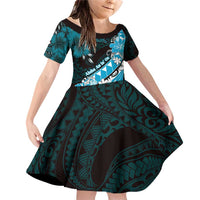 Personalised Hawaii Valentine Day Family Matching Off Shoulder Short Dress and Hawaiian Shirt Polynesian Hibiscus Art Style Turquoise LT05 Daughter's Dress Turquoise - Polynesian Pride