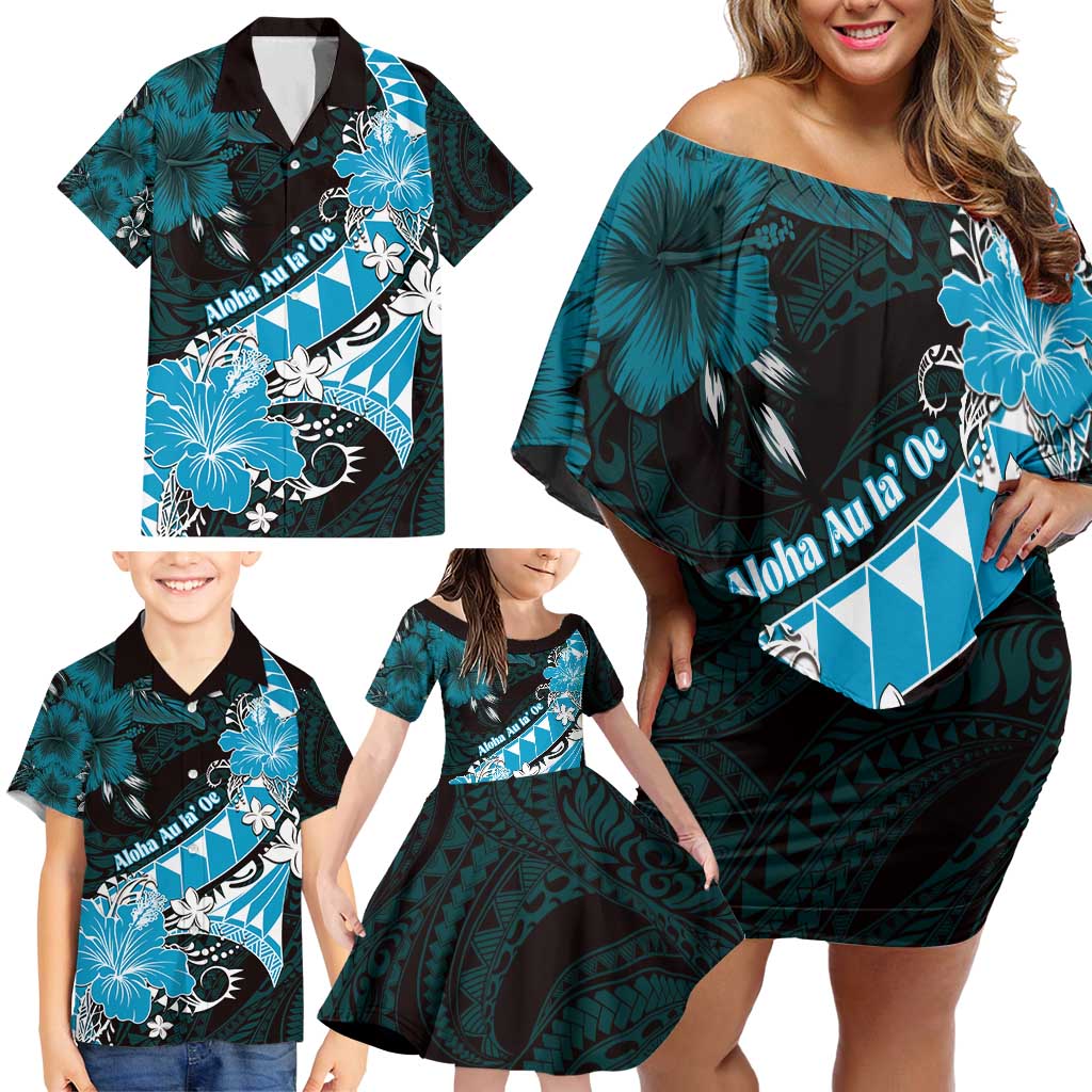 Personalised Hawaii Valentine Day Family Matching Off Shoulder Short Dress and Hawaiian Shirt Polynesian Hibiscus Art Style Turquoise LT05 - Polynesian Pride