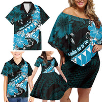 Personalised Hawaii Valentine Day Family Matching Off Shoulder Short Dress and Hawaiian Shirt Polynesian Hibiscus Art Style Turquoise LT05 - Polynesian Pride