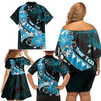 Personalised Hawaii Valentine Day Family Matching Off Shoulder Short Dress and Hawaiian Shirt Polynesian Hibiscus Art Style Turquoise LT05 - Polynesian Pride