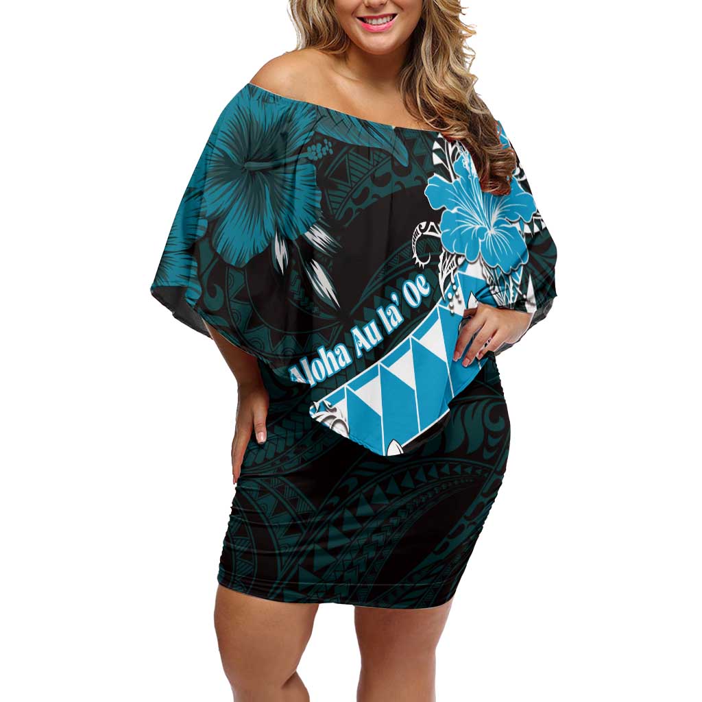 Personalised Hawaii Valentine Day Family Matching Off Shoulder Short Dress and Hawaiian Shirt Polynesian Hibiscus Art Style Turquoise LT05 Mom's Dress Turquoise - Polynesian Pride