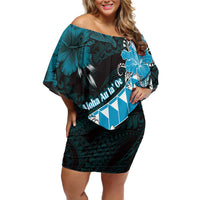 Personalised Hawaii Valentine Day Family Matching Off Shoulder Short Dress and Hawaiian Shirt Polynesian Hibiscus Art Style Turquoise LT05 Mom's Dress Turquoise - Polynesian Pride
