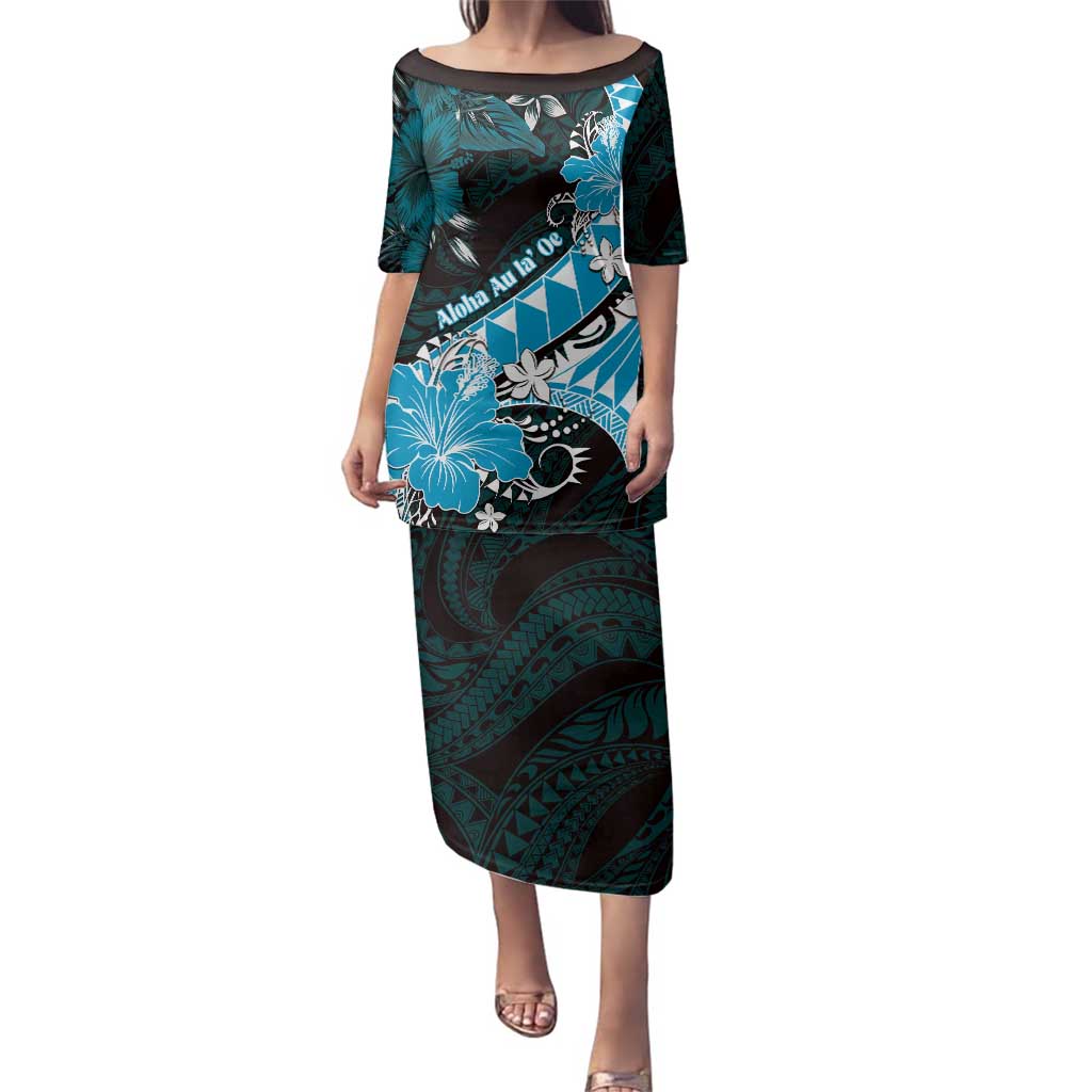 Personalised Hawaii Valentine Day Family Matching Puletasi and Hawaiian Shirt Polynesian Hibiscus Art Style Turquoise LT05 Mom's Dress Turquoise - Polynesian Pride