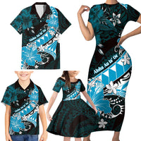 Personalised Hawaii Valentine Day Family Matching Short Sleeve Bodycon Dress and Hawaiian Shirt Polynesian Hibiscus Art Style Turquoise LT05 - Polynesian Pride