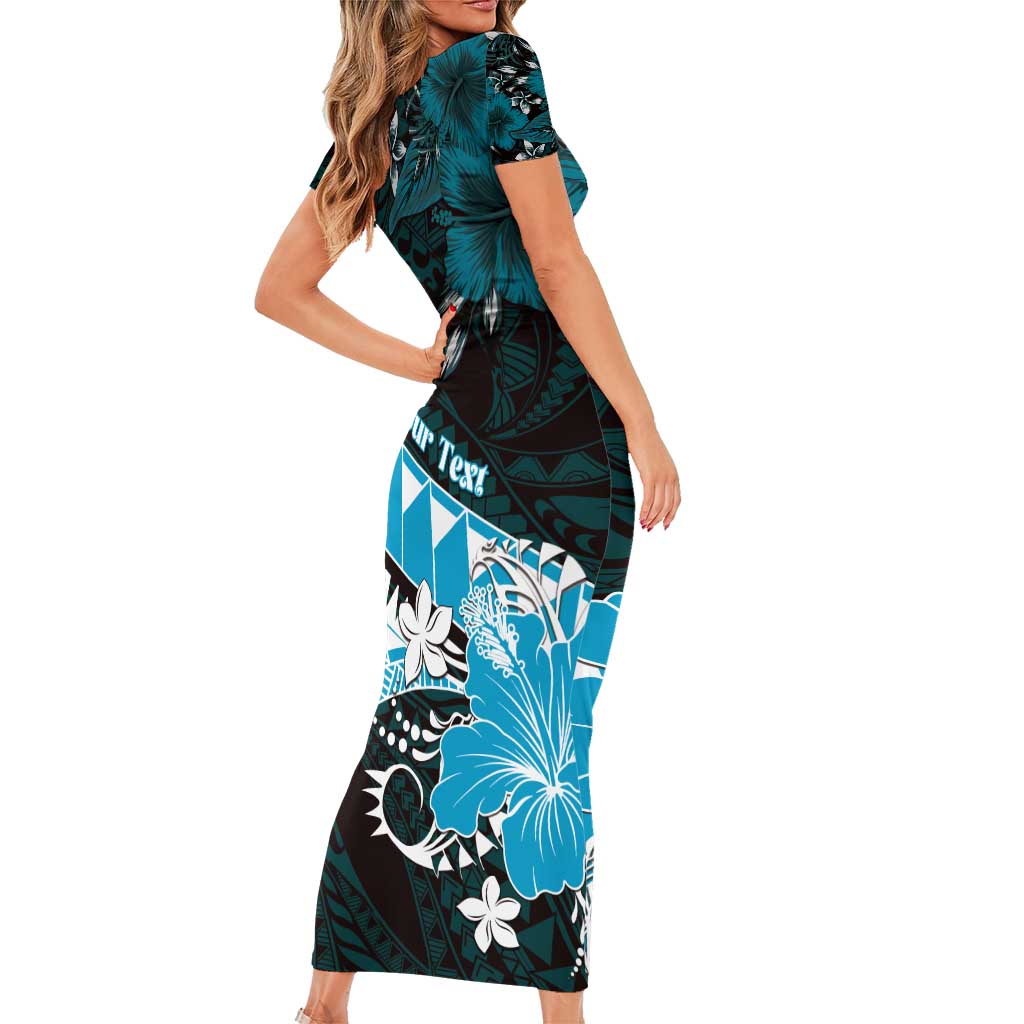 Personalised Hawaii Valentine Day Family Matching Short Sleeve Bodycon Dress and Hawaiian Shirt Polynesian Hibiscus Art Style Turquoise LT05 - Polynesian Pride