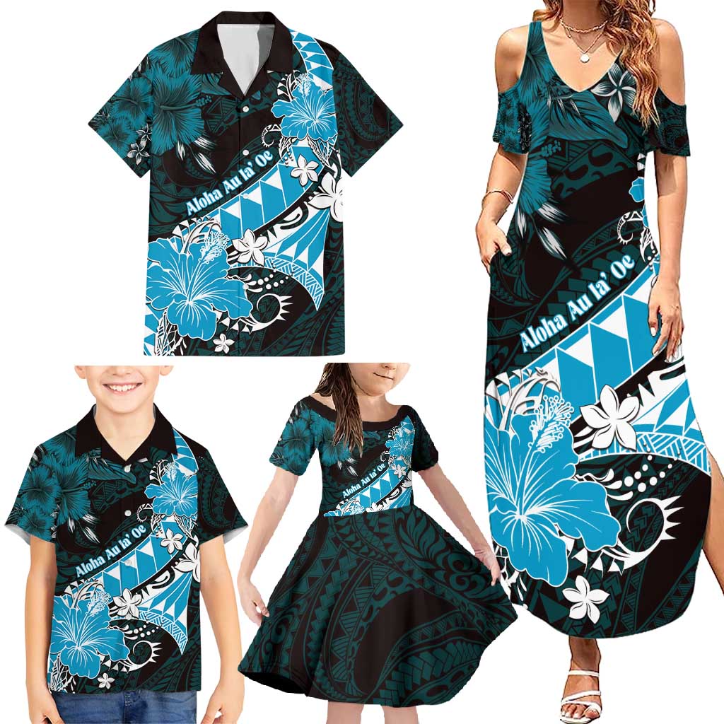 Personalised Hawaii Valentine Day Family Matching Summer Maxi Dress and Hawaiian Shirt Polynesian Hibiscus Art Style Turquoise LT05 - Polynesian Pride