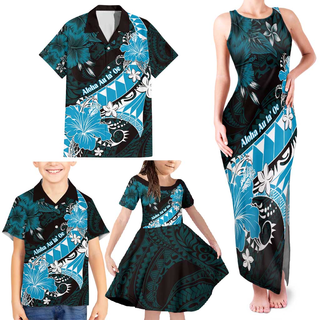 Personalised Hawaii Valentine Day Family Matching Tank Maxi Dress and Hawaiian Shirt Polynesian Hibiscus Art Style Turquoise LT05 - Polynesian Pride