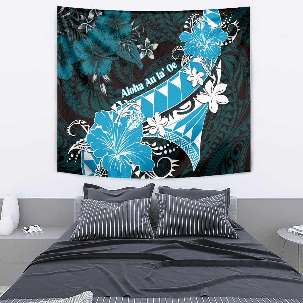 Hawaii Valentine Day Tapestry Polynesian Hibiscus Art Style Turquoise