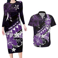 Personalised Hawaii Valentine Day Couples Matching Long Sleeve Bodycon Dress and Hawaiian Shirt Polynesian Hibiscus Art Style Purple LT05 Purple - Polynesian Pride