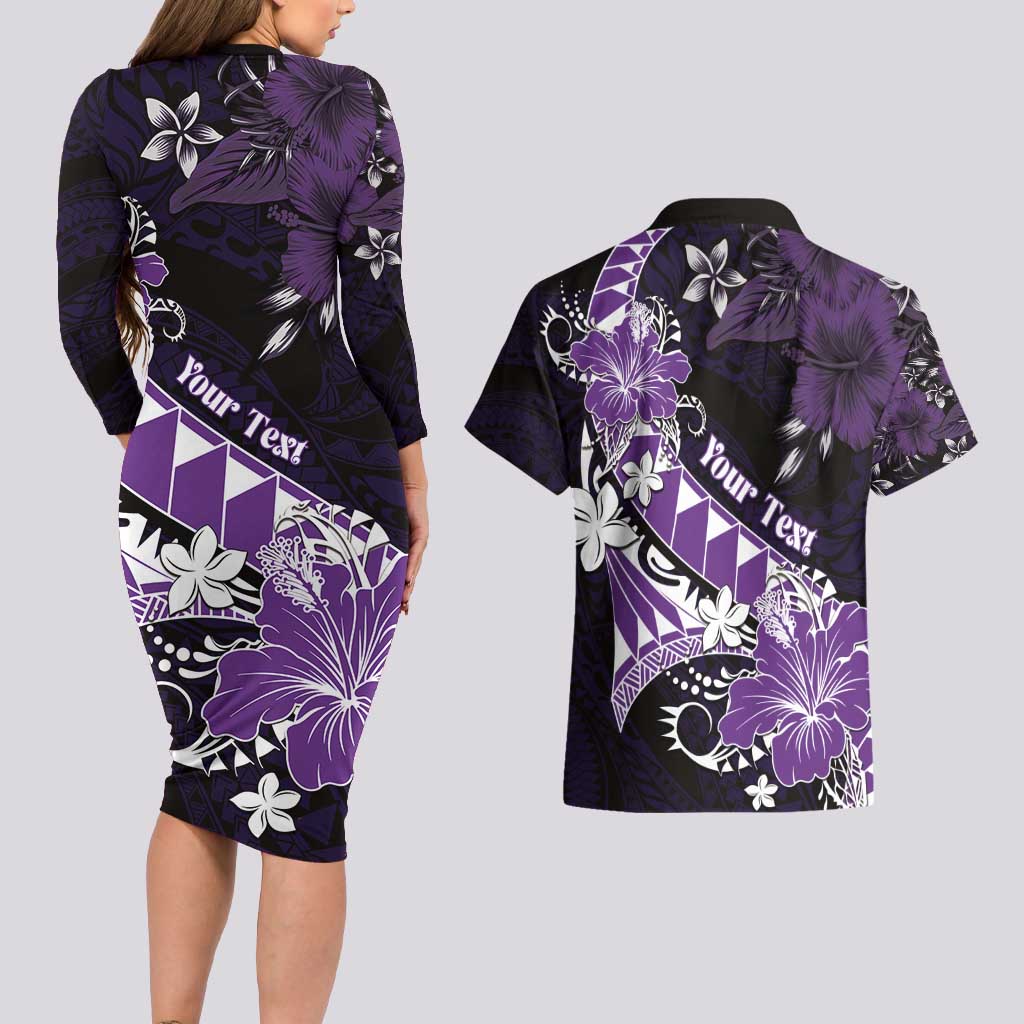 Personalised Hawaii Valentine Day Couples Matching Long Sleeve Bodycon Dress and Hawaiian Shirt Polynesian Hibiscus Art Style Purple LT05 - Polynesian Pride