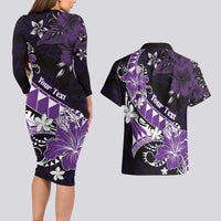 Personalised Hawaii Valentine Day Couples Matching Long Sleeve Bodycon Dress and Hawaiian Shirt Polynesian Hibiscus Art Style Purple LT05 - Polynesian Pride