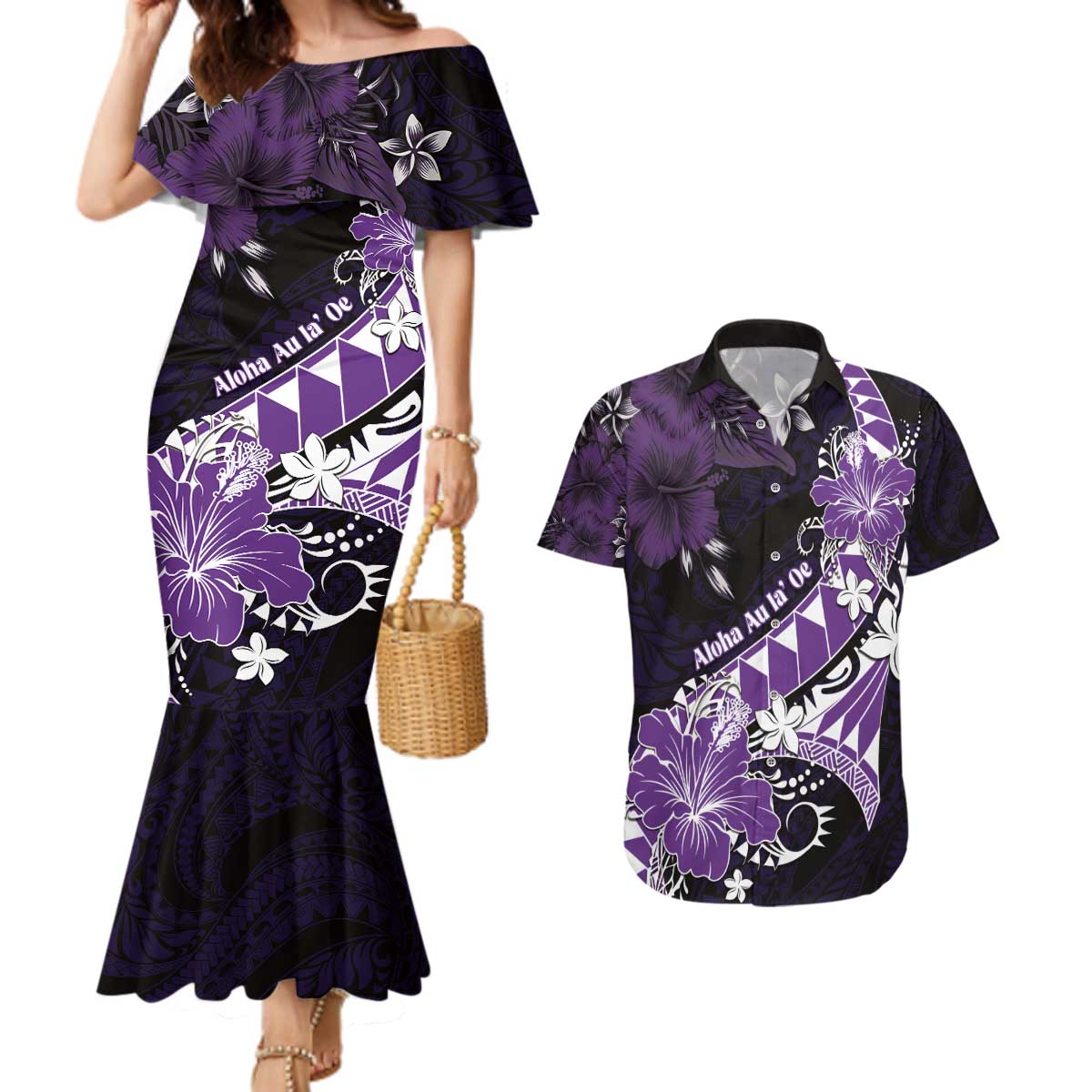 Personalised Hawaii Valentine Day Couples Matching Mermaid Dress and Hawaiian Shirt Polynesian Hibiscus Art Style Purple LT05 Purple - Polynesian Pride