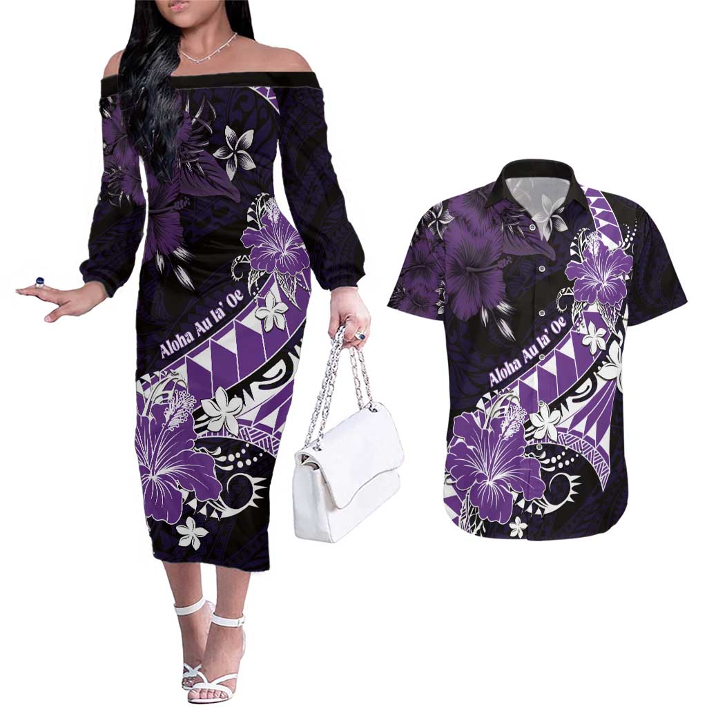 Personalised Hawaii Valentine Day Couples Matching Off The Shoulder Long Sleeve Dress and Hawaiian Shirt Polynesian Hibiscus Art Style Purple LT05 Purple - Polynesian Pride