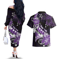 Personalised Hawaii Valentine Day Couples Matching Off The Shoulder Long Sleeve Dress and Hawaiian Shirt Polynesian Hibiscus Art Style Purple LT05 - Polynesian Pride