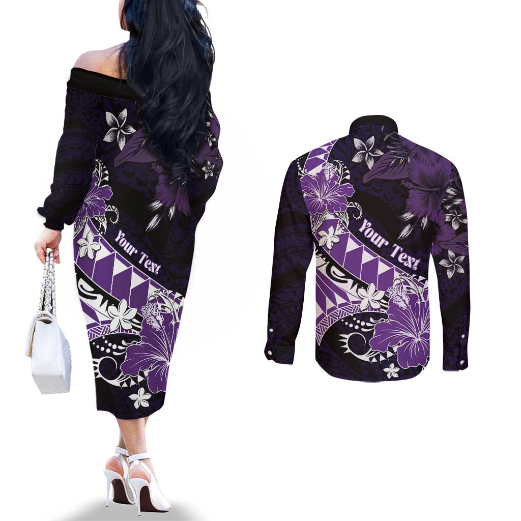 Personalised Hawaii Valentine Day Couples Matching Off The Shoulder Long Sleeve Dress and Long Sleeve Button Shirt Polynesian Hibiscus Art Style Purple LT05 - Polynesian Pride