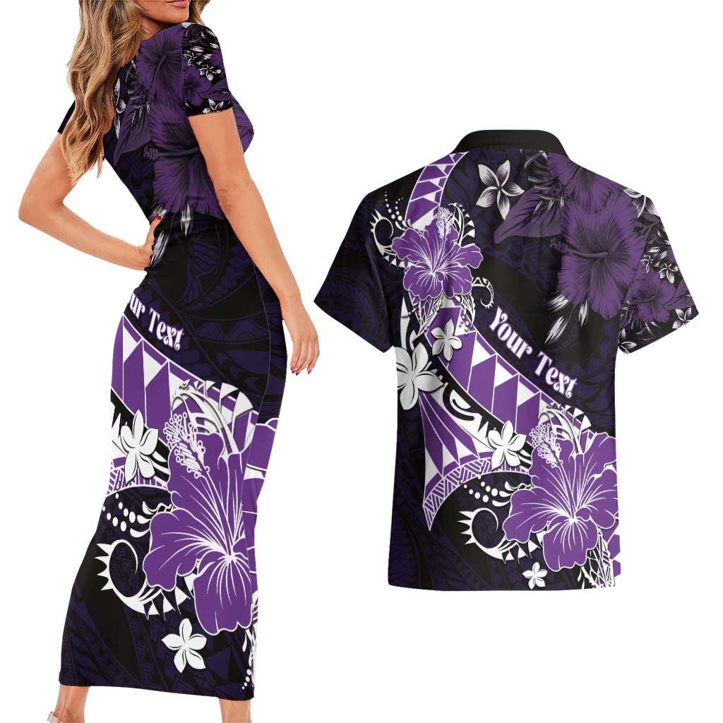 Personalised Hawaii Valentine Day Couples Matching Short Sleeve Bodycon Dress and Hawaiian Shirt Polynesian Hibiscus Art Style Purple LT05 - Polynesian Pride
