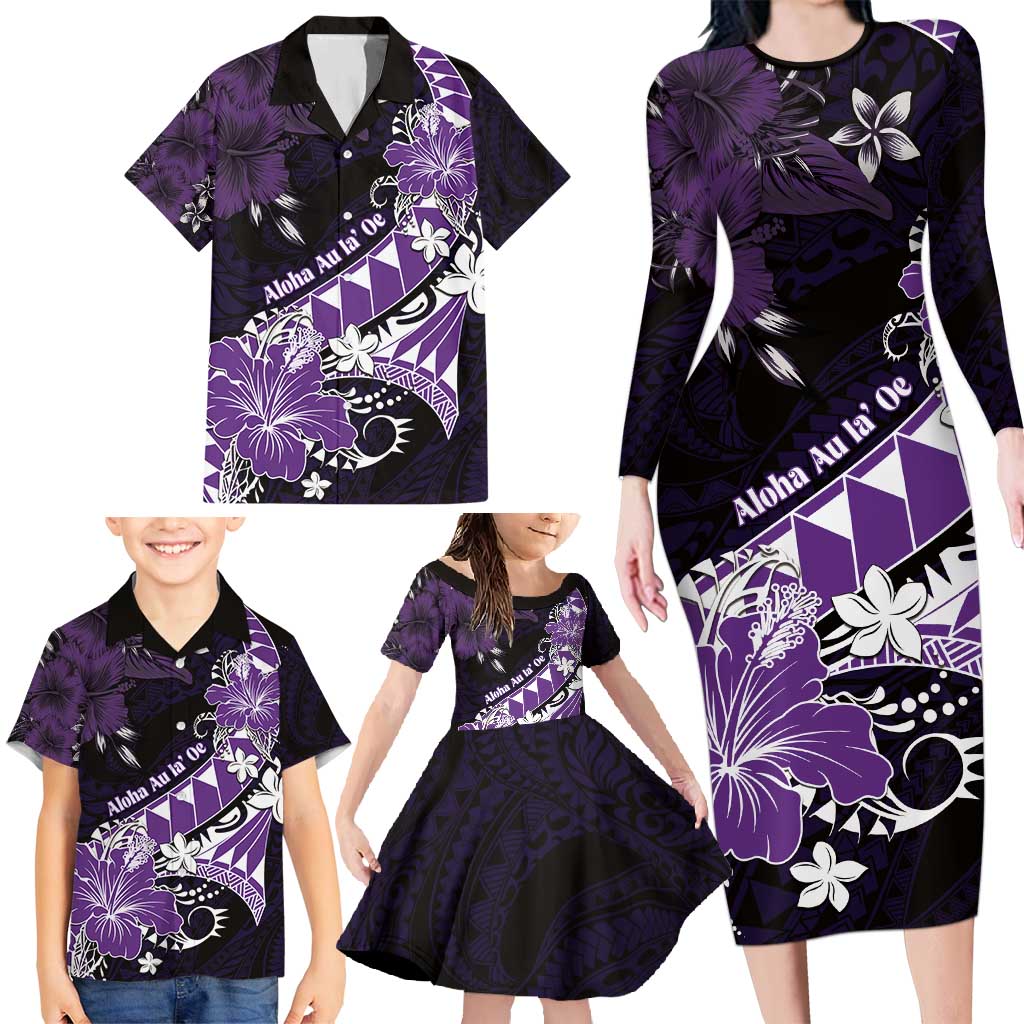 Personalised Hawaii Valentine Day Family Matching Long Sleeve Bodycon Dress and Hawaiian Shirt Polynesian Hibiscus Art Style Purple LT05 - Polynesian Pride