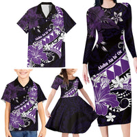 Personalised Hawaii Valentine Day Family Matching Long Sleeve Bodycon Dress and Hawaiian Shirt Polynesian Hibiscus Art Style Purple LT05 - Polynesian Pride