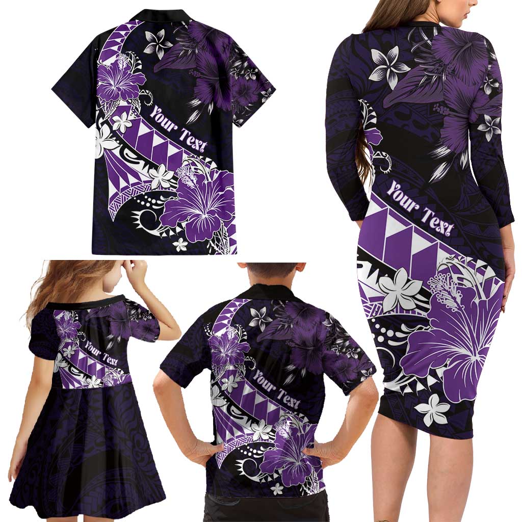 Personalised Hawaii Valentine Day Family Matching Long Sleeve Bodycon Dress and Hawaiian Shirt Polynesian Hibiscus Art Style Purple LT05 - Polynesian Pride