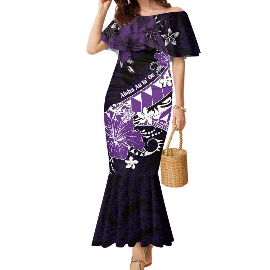 Personalised Hawaii Valentine Day Family Matching Mermaid Dress and Hawaiian Shirt Polynesian Hibiscus Art Style Purple LT05 Mom's Dress Purple - Polynesian Pride