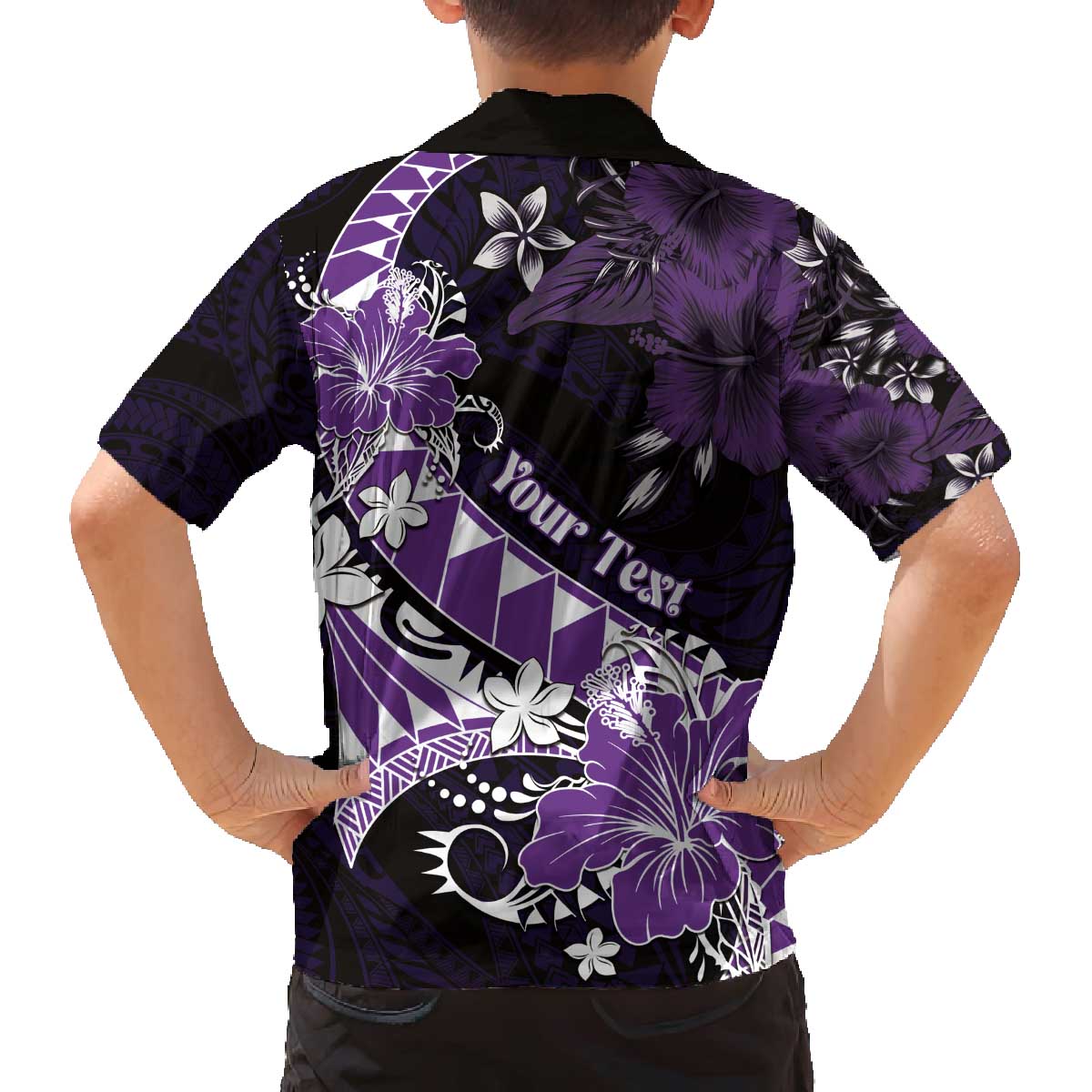 Personalised Hawaii Valentine Day Family Matching Off The Shoulder Long Sleeve Dress and Hawaiian Shirt Polynesian Hibiscus Art Style Purple LT05 - Polynesian Pride