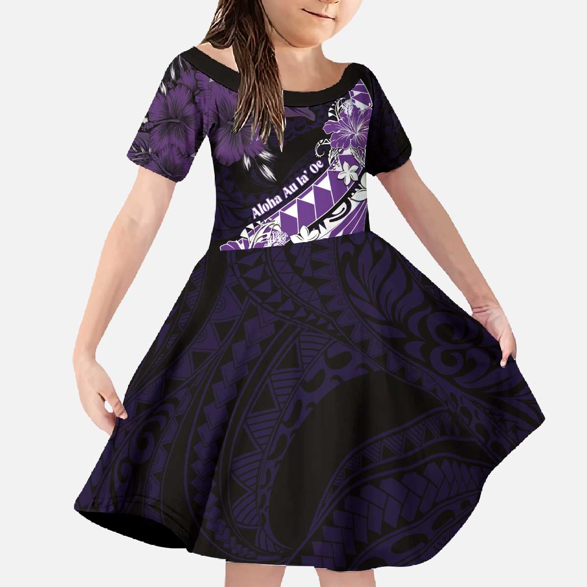 Personalised Hawaii Valentine Day Family Matching Off The Shoulder Long Sleeve Dress and Hawaiian Shirt Polynesian Hibiscus Art Style Purple LT05 - Polynesian Pride