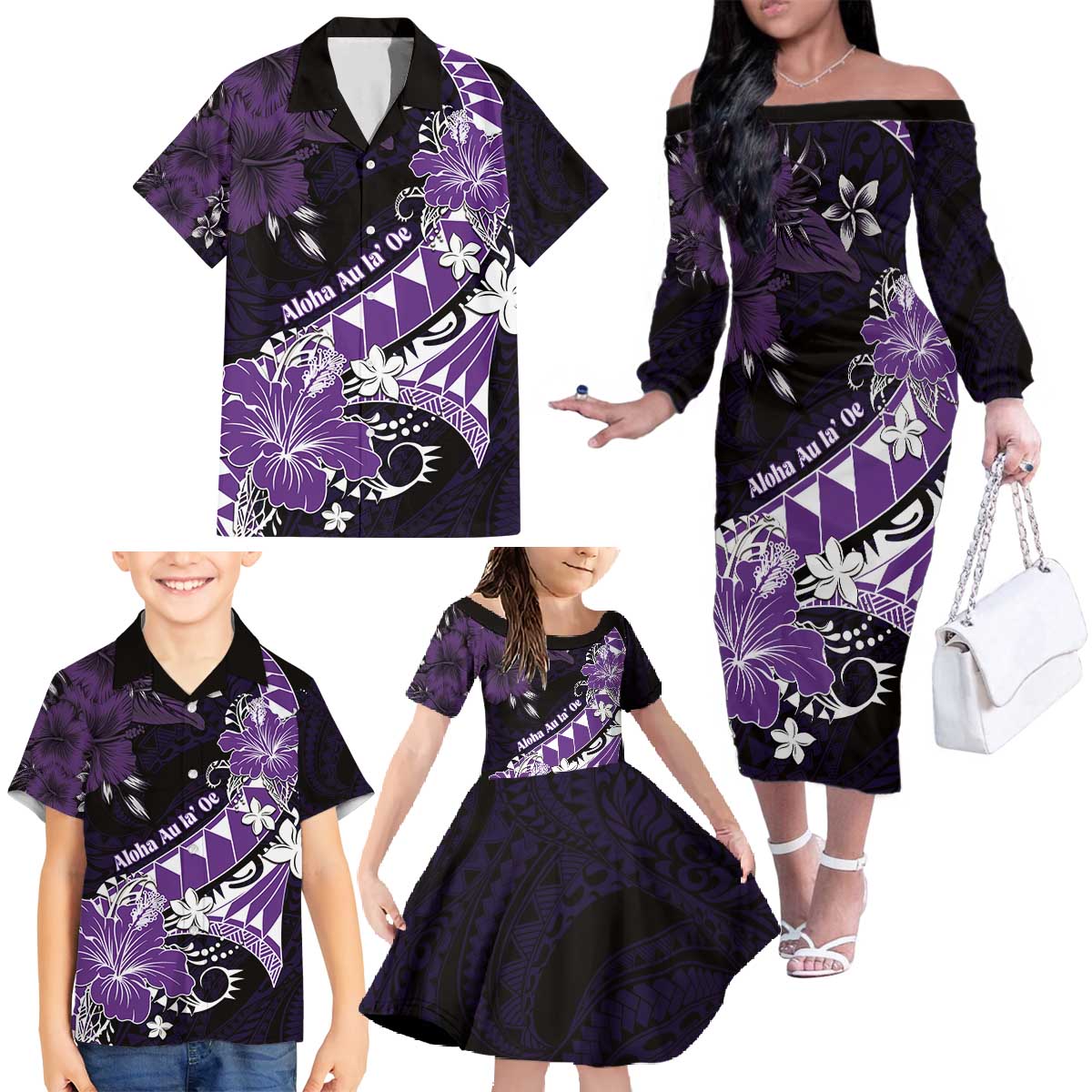 Personalised Hawaii Valentine Day Family Matching Off The Shoulder Long Sleeve Dress and Hawaiian Shirt Polynesian Hibiscus Art Style Purple LT05 Purple - Polynesian Pride