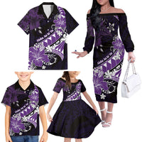 Personalised Hawaii Valentine Day Family Matching Off The Shoulder Long Sleeve Dress and Hawaiian Shirt Polynesian Hibiscus Art Style Purple LT05 Purple - Polynesian Pride