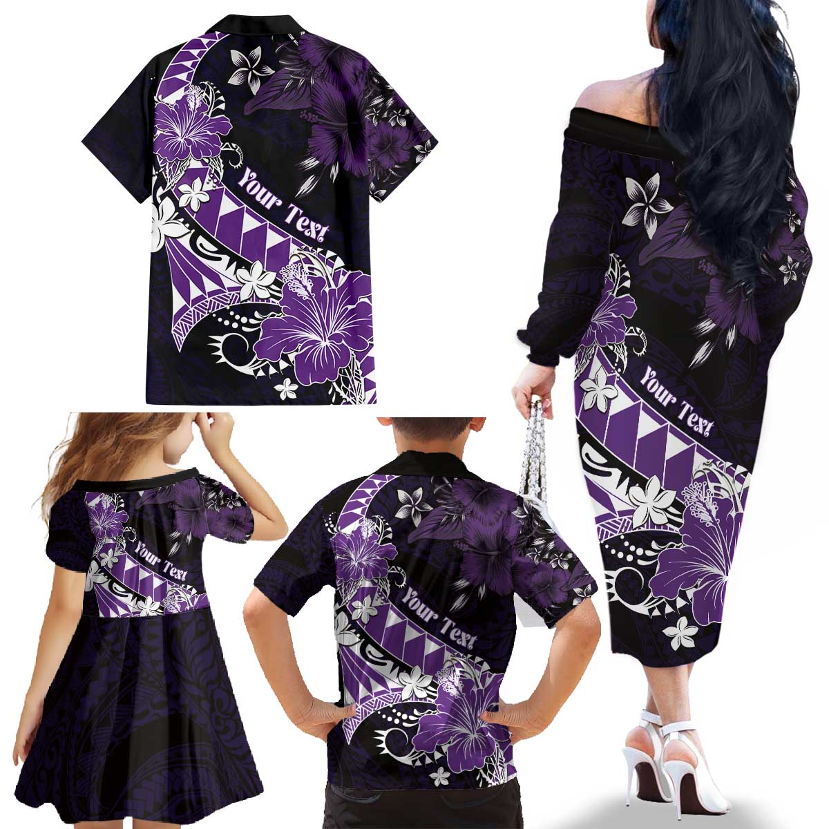 Personalised Hawaii Valentine Day Family Matching Off The Shoulder Long Sleeve Dress and Hawaiian Shirt Polynesian Hibiscus Art Style Purple LT05 - Polynesian Pride